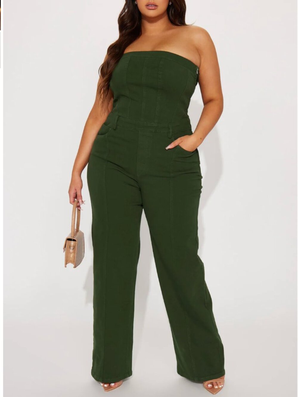Fashion Nova Green Denim Jumpsuit 1X Strapless Wide Leg NWT Weekend Tube